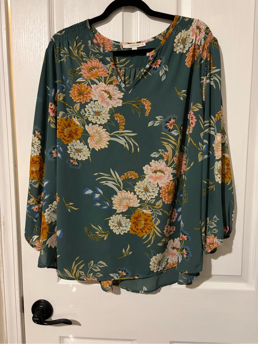 fun 2 fun Teal Green Floral V-Neck Tunic